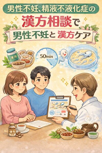 男性不妊・精液不液化症について漢方相談を行う様子のイラスト。夫婦が薬剤師から説明を受け、漢方薬や精液の状態を示す図が描かれている。
