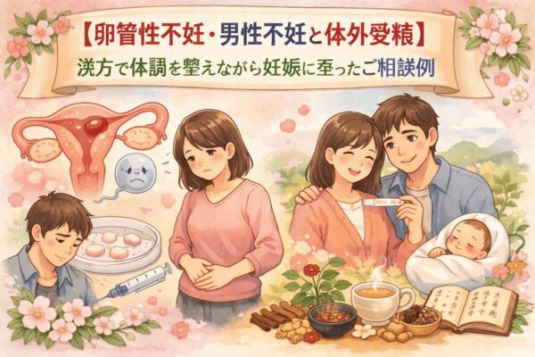 卵管性不妊と男性不妊で体外受精を受けながら、漢方で体調管理を併行したご相談例の流れをやさしいイラストで示した図