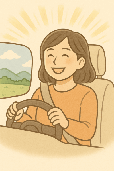 突発性難聴から回復した50代女性が、明るい笑顔で日常を楽しむイラスト。
健康的で若々しい女性が、青空の下で車を運転している姿が描かれ、耳が聞こえる喜びと生き生きとした生活を表現している。