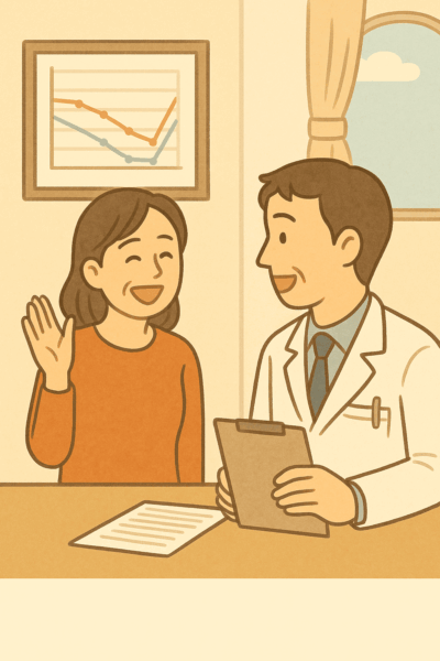 薬局で50代女性が右耳の聴力回復を喜んで笑顔を見せているイラスト。
薬剤師がカウンター越しに穏やかに見守り、店内の棚には薬瓶が並んでいる。
突発性難聴の漢方相談を通じて聴力が正常に戻り、耳鼻科医も驚いた場面を表現した温かい雰囲気のイラスト。