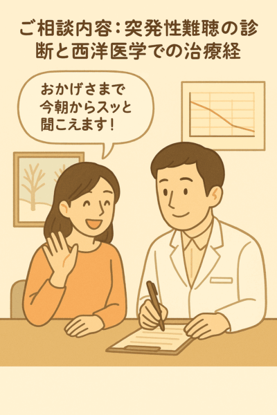 薬局のカウンター奥で薬剤師が処方箋の薬歴を記入している様子を描いたイラスト。
壁には冬の風景画がかかり、50代の女性客が笑顔で「耳がスッキリして聞こえるようになりました」と話している。突発性難聴の漢方相談で右耳の聴力が回復した場面を表現した温かい雰囲気のイラスト。