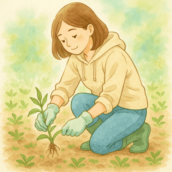 20代の女性が穏やかな表情で畑の雑草を抜いている水彩画風イラスト。畑を整える様子を、漢方で体内の不要な熱や老廃物を取り除き、子宮をきれいに整えて妊活を始める“体の土壌づくり”の比喩として表現している。