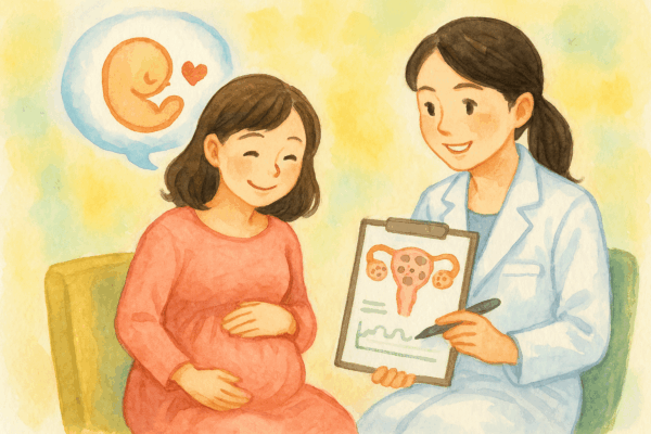 多嚢胞性卵巣症候群(PCOS)から自然妊娠した女性をイメージした、水彩画風の明るいイラスト。妊娠初期の女性がお腹に手を添えて微笑む姿が描かれ、漢方で排卵障害や生理不順が整い、妊娠に至った様子を象徴する優しい雰囲気の画像。