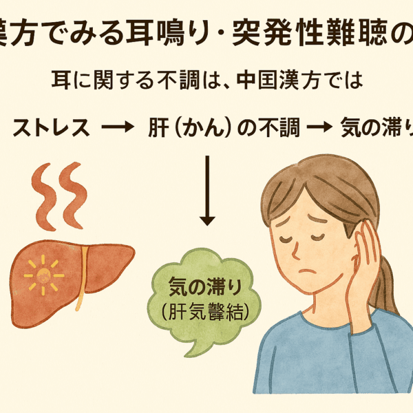漢方でみる耳鳴り・突発性難聴の原因を説明した水彩画風のインフォグラフィック。『ストレス → 肝(かん)の不調 → 気の滞り(肝気鬱結)』という流れを、肝のイラストと耳に手を当てる女性のイラストでわかりやすく解説している。耳鳴りや突発性難聴がストレスと肝の働きの乱れで悪化することを表した図。