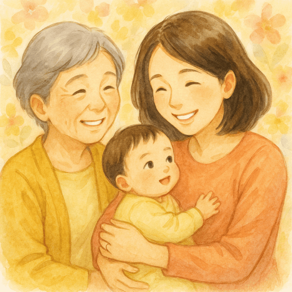 「明るい水彩画風のイラスト。おばあちゃん、娘さん、赤ちゃんの三人が笑顔で薬局を訪れている。おばあちゃんは優しく微笑み、娘さんは赤ちゃんを抱いて幸せそうにしている。背景には春の花が咲き、柔らかな光が差し込む温かい雰囲気。テキストには『無事に出産されて家族３人でのご来店』と書かれている。