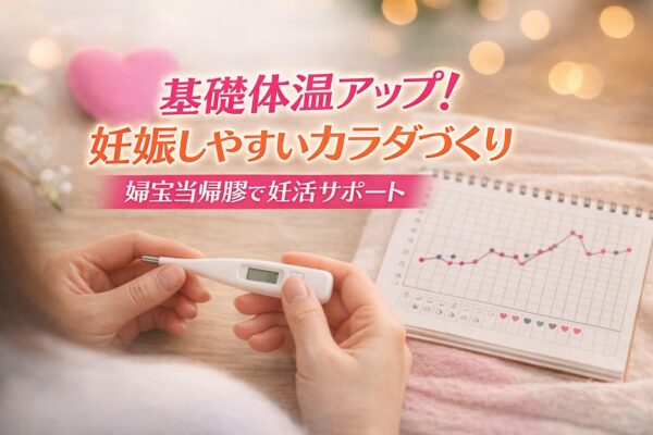 基礎体温の上昇と妊娠しやすい体づくりをイメージした婦宝当帰膠の妊活サポート画像