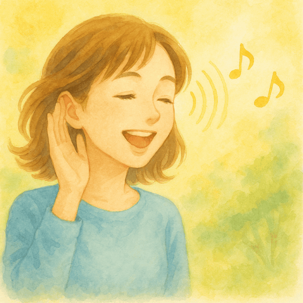 耳鳴りが改善して明るい表情で耳に手を添える若い女性を描いた、水彩画風のやさしいイラスト。背景は柔らかい黄色と緑のグラデーションで、聞こえがスッキリ改善したイメージを表現。耳鳴り・突発性難聴の改善や漢方ケアの記事向けの明るいビジュアル。