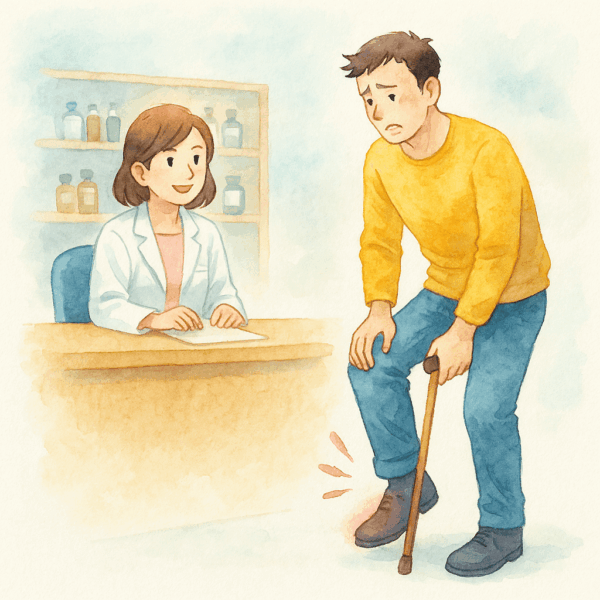 痛風発作で右足首の痛みに悩む35歳男性が薬局に相談に訪れているイラスト。薬剤師が温かく対応し、木の温もりのある店内で漢方相談が行われている。明るい水彩画のタッチで、痛風や関節痛の漢方ケアを表現したシーン。