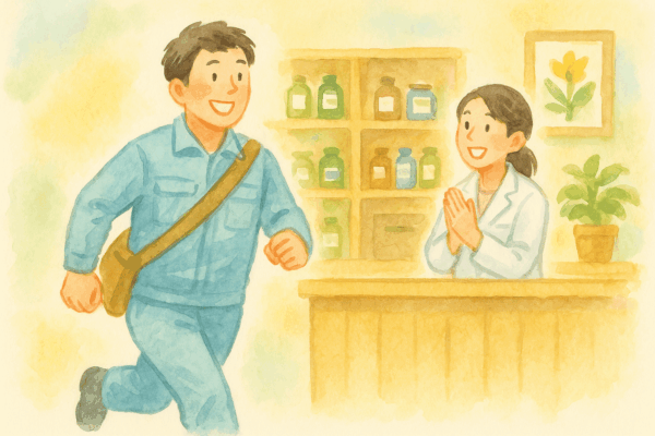 痛風の痛みが改善し、漢方で元気に回復した男性が薬局に笑顔で再来店している水彩画イラスト。作業着姿の男性が軽やかに歩き、薬剤師とスタッフが明るく迎える。漢方による痛風の改善や体質改善の成功を描いた温かい雰囲気のシーン。