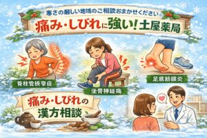 脊柱管狭窄症・坐骨神経痛・足底筋膜炎による痛みやしびれの漢方相談を紹介する土屋薬局のイラスト。寒い地域で増える不調の体質改善をサポート。