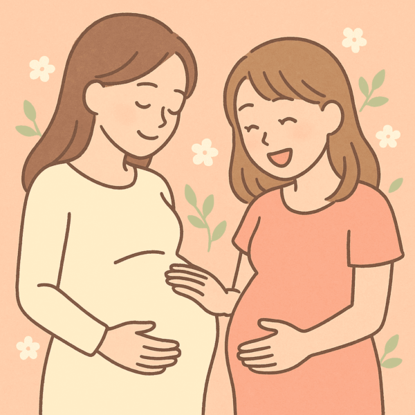 チョコレート嚢胞から自然妊娠した女性C子さんが、妊婦の友人のお腹に優しく触れている温かいイラスト。二人とも笑顔で、春の花に囲まれた明るい背景。妊娠を祝福し合う穏やかな雰囲気で、希望と生命のつながりを感じさせる。子宮内膜症・チョコレート嚢胞・漢方ケア・妊活をテーマにした優しいタッチのイラスト。