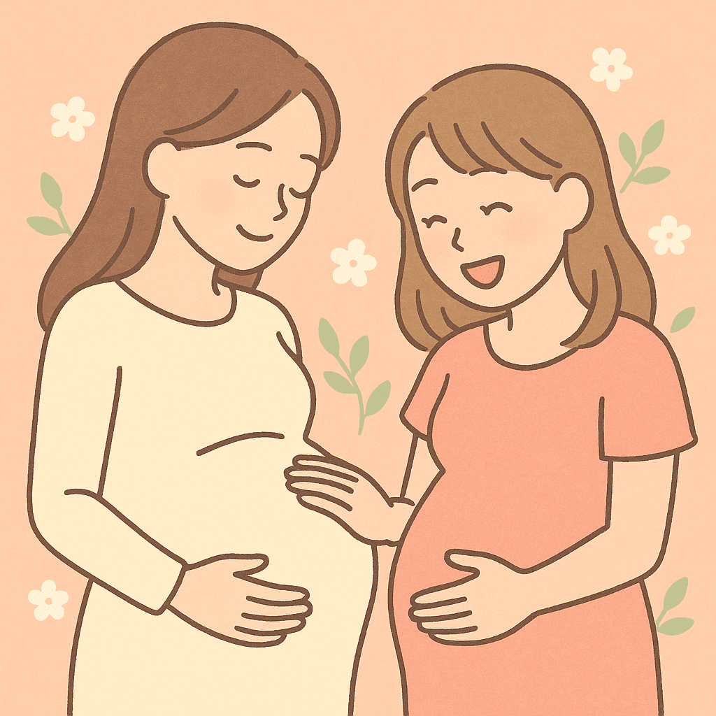 チョコレート嚢胞から自然妊娠した女性C子さんが、妊婦の友人のお腹に優しく触れているイラスト。二人が春の花々に囲まれ、柔らかな光の中で笑顔を交わす姿が描かれている。生命のつながりと希望、妊娠の喜びを感じさせる温かい場面。子宮内膜症・チョコレート嚢胞・漢方ケア・体質改善・妊活をテーマにした明るい印象のイラスト。