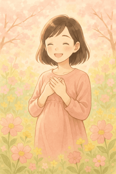 春の花が咲く背景の中で笑顔を見せる女性のイラスト。冷えや生理痛を漢方で改善し、チョコレート嚢胞・子宮内膜症から自然妊娠に至ったC子さんの喜びを表現しています。