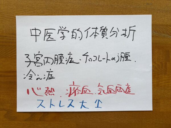 中医学的な体質分析をイメージしたイラスト。子宮内膜症・チョコレート嚢腫・冷え性の女性の舌診を示し、舌先が赤く尖った“尖紅”、中央の亀裂、側面の瘀斑（おはん）が描かれている。ストレスによる心熱（しんねつ）、血流の滞りを示す瘀血（おけつ）、エネルギーと潤い不足の気陰両虚（きいんりょうきょ）を中医学的に表現。保育士・幼稚園教諭など、子どもと関わる仕事の女性に多いストレス性体質やプロラクチン高値との関係も示唆する内容。体質改善・漢方・妊活サポートをテーマにしたやさしい色調のイラスト。
