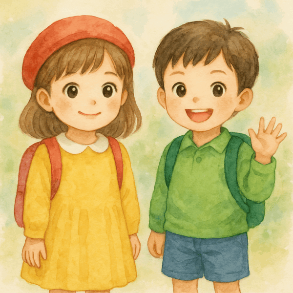 幼稚園に通う5歳の女の子と4歳の男の子を描いた明るい水彩画イラスト。目がくりくりの可愛い女の子と、元気いっぱいの男の子が手をつなぎ並んで立つ姿で、幼児期の純粋さや微笑ましい関係性を表現した優しい雰囲気の子どもイラスト。