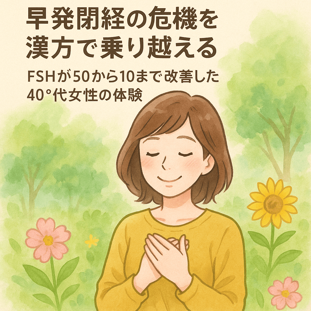 早発閉経やFSH高値で悩む40代女性が、漢方で体のリズムを整え、希望を取り戻す様子を描いたイラスト。緑と花々に囲まれた穏やかな笑顔が、妊活や更年期ケアにおける漢方の優しい力を象徴している。