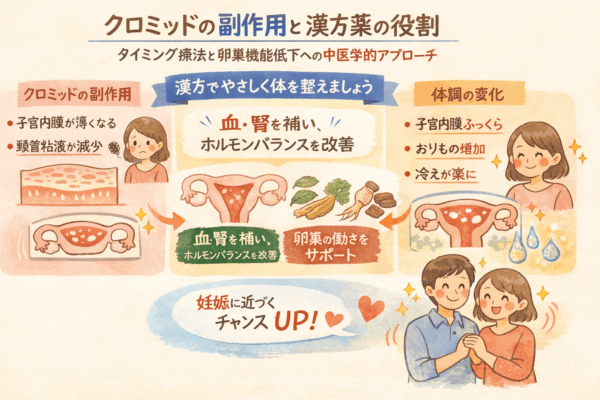 クロミッドを使用したタイミング療法と、漢方を併用した体づくりをやさしく解説するイラスト。妊活中の女性が不安を感じながらも、体質を整えることで前向きに進んでいく様子を表している
