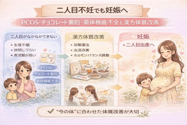 二人目不妊とPCOS・チョコレート嚢胞・黄体機能不全の漢方体質改善の流れイメージ