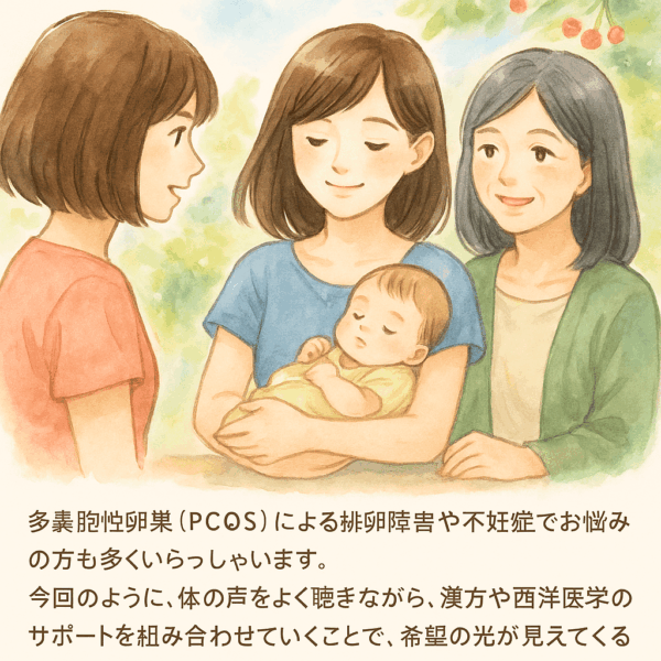 多嚢胞性卵巣症候群（PCOS）に悩む女性が、春から初夏の山形の風景の中で希望を感じながら空を見上げている水彩画風イラスト。手を胸に当てて前向きに歩む姿が描かれ、背景には青空とさくらんぼの実る枝、やさしい光が差し込む。土屋薬局の漢方サポートで心と体を整え、妊娠力を高めていく希望を表現している。