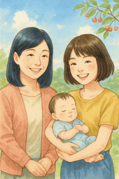 山形の初夏、さくらんぼの季節に、土屋薬局を訪れた親子三世代。多嚢胞性卵巣症候群（PCOS）を乗り越えて自然妊娠・出産された20代のお母さんが、1か月の赤ちゃんを抱っこし、50代の母親と笑顔で並ぶ水彩画風イラスト。妊活漢方と体質改善の成功を象徴する温かい場面。