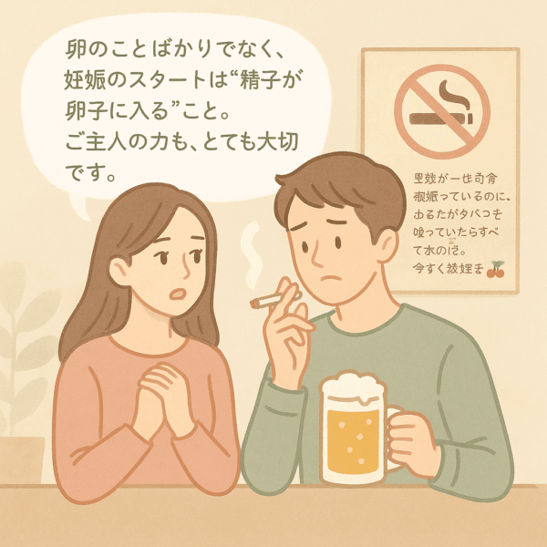 体外受精で行き詰まりを感じる若い夫婦を描いたイラスト。30代の夫が喫煙を考え直し、妻がやさしく語りかけている様子。背景には『奥様が一生懸命頑張っているのに、あなたがタバコを吸っていたらすべて水の泡。今すぐ禁煙を。』という張り紙があり、男性の生活習慣の見直しや精子の質の大切さを伝えている。柔らかなベージュとピンクを基調に、温かく前向きな雰囲気で表現。