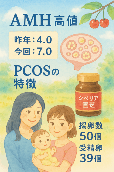 多嚢胞性卵巣症候群（PCOS）の特徴を表現した水彩画風イラスト。大小さまざまな卵胞が並び、卵巣内に多くの卵が育っている様子を柔らかな色彩で描写。AMH値が高く卵胞数が多い体質を示し、右下には体のバランスを整える漢方素材「シベリア霊芝（チャガ）」のイラストを添える。背景は山形の初夏、さくらんぼの季節を感じる明るいトーンで、PCOSと漢方による妊活サポートの希望を表現。