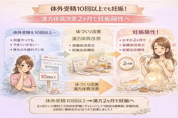 体外受精を10回以上繰り返した二人目不妊の方が漢方による体質改善3ヶ月で体外受精成功し妊娠につながったイメージイラスト
