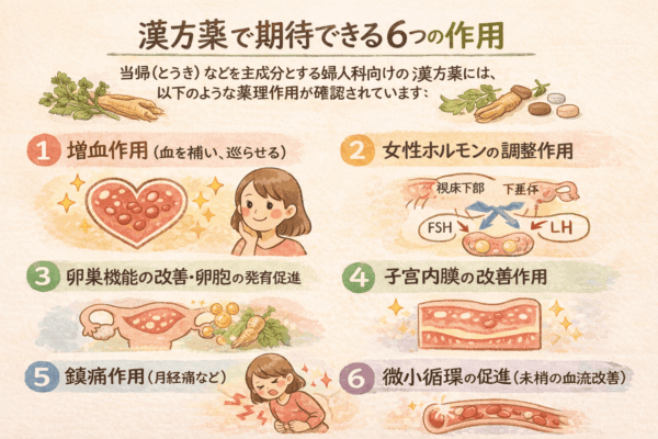 当帰を中心とした婦人科向け漢方薬の働きを示したイラスト。血を補い巡らせる作用、女性ホルモンの調整、卵巣機能や卵胞発育のサポート、子宮内膜の改善、月経痛の緩和、末梢血流の促進といった6つの作用をやさしい手書き風で表現している。