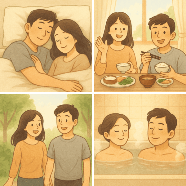 夫婦で健康的な生活習慣を実践する4コマ構成のイラスト。1枚目は仲良くぐっすり眠る夫婦、2枚目は朝日を浴びながら和食の朝ごはん(ご飯・味噌汁・卵焼き・キャベツ)を食べる様子、3枚目は緑あふれる公園を散歩する二人、4枚目は湯気の立つお風呂に一緒に入ってリラックスする姿。体外受精や妊活における生活習慣改善、睡眠・食事・運動・温める養生の大切さを伝える温かいイラスト。