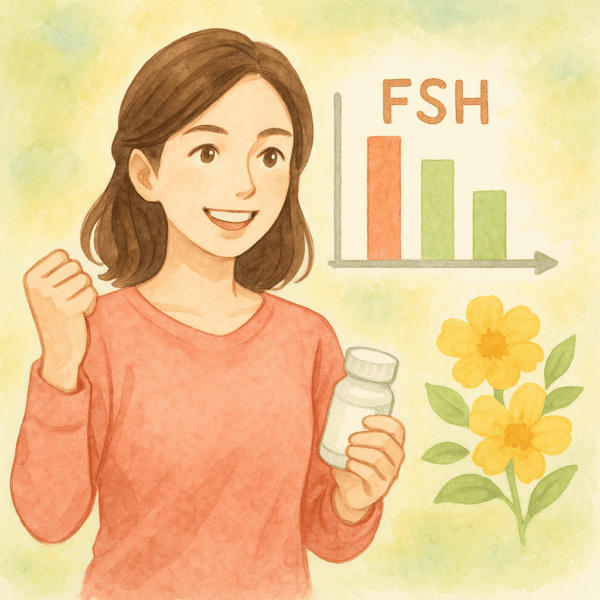 FSH値が改善し、やる気を取り戻した女性のイメージ。明るい笑顔で拳を握り、手には漢方薬のボトルを持っている。背景にはFSH値の低下を示すグラフと黄色い花が描かれ、体調と気持ちの回復、漢方の効果による前向きな変化を象徴している水彩タッチのイラスト。