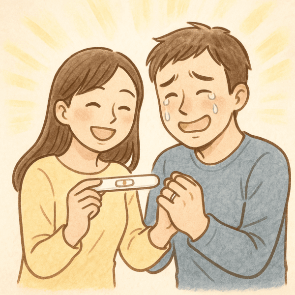 若い夫婦が妊娠検査薬の陽性反応(二本線)を見て感動しているイラスト。ロングヘアの妻が笑顔で検査薬を手にし、30代の夫は涙を流しながら妻の手を握っている。部屋には柔らかな光が差し込み、希望と喜びに満ちた雰囲気。体外受精から自然妊娠へつながった喜びの瞬間を表現した温かいイラスト。