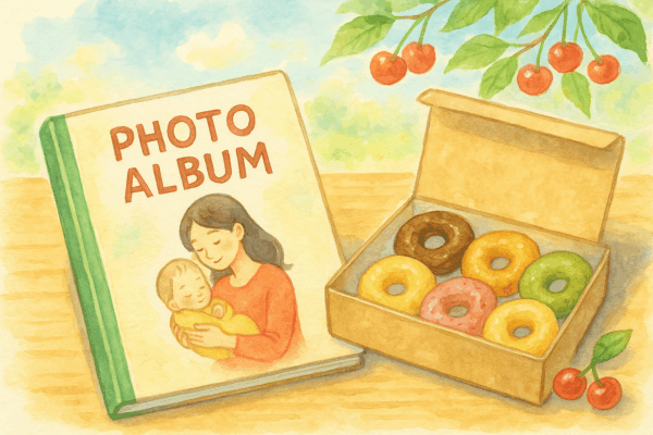 山形県東根市の土屋薬局で、出産祝いのアルバムをお渡ししている温かいシーンの水彩画風イラスト。20代の新米ママが赤ちゃんを抱き、50代のお母様が微笑みながら薬剤師からプレゼントを受け取っている。カウンターにはリボン付きのフォトアルバムとお礼のドーナツが置かれ、初夏のやわらかな光とさくらんぼの季節の雰囲気が漂う。妊娠から出産までの漢方サポートに感謝する家族の喜びを表現。