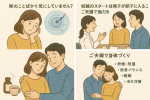 体外受精と漢方をテーマに、夫婦で妊娠力を整えていく様子を描いたやさしいイラスト。卵の質だけでなく、冷えや体質改善などを夫婦で支え合いながら進める妊活の新しい考え方を表現している。背景は淡いベージュとグリーンで、温かく前向きな印象。