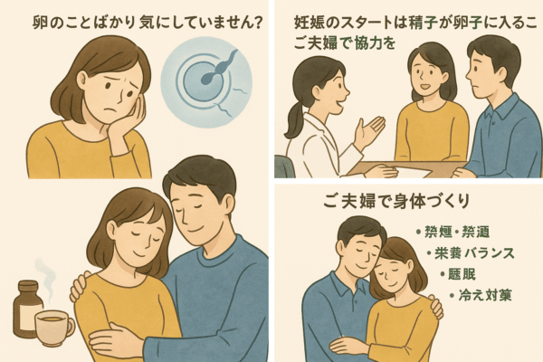 体外受精で行き詰まりを感じたご夫婦が、漢方と生活改善で妊娠力を高めていく様子を描いたやさしいイラスト。卵の質だけでなく、夫婦で身体を整える大切さを表現している。背景は淡いベージュとグリーンで温かみがあり、妊活の希望を感じさせるデザイン。