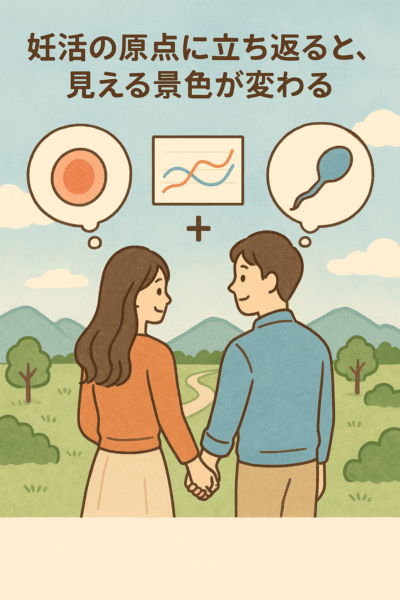 妊活の原点を思い出すように、若い夫婦が朝日を浴びながら手を取り合って微笑んでいるイラスト。自然の中で木々や花に囲まれ、穏やかな空の下で希望を感じる表情を見せている。体外受精や不妊治療に行き詰まったとき、夫婦で協力して体質を整えることの大切さを象徴している。