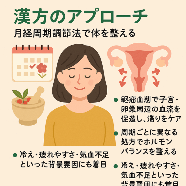 月経周期調節法による漢方アプローチを描いたイラスト。女性がリラックスした表情で座り、血流促進・ホルモンバランスの調整・冷え対策などをイメージした4つの周期が描かれている。体を整える婦人科漢方ケアのイメージ。