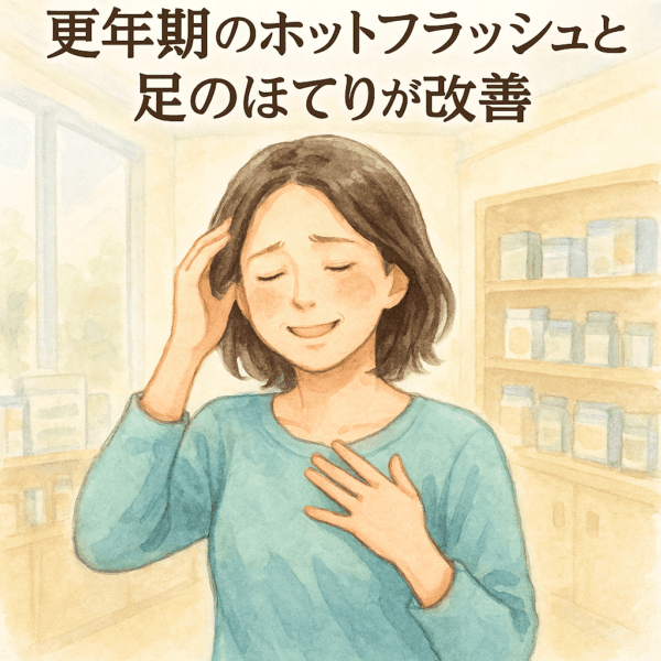 更年期のホットフラッシュや足のほてりに悩む50代女性が、衛益顆粒と瀉火補腎丸による漢方の体質改善で症状が軽減した様子をイメージした水彩画風イラスト。若々しい印象の女性が白い蛍光灯の明るい室内で穏やかに過ごす姿が描かれ、更年期障害の改善や漢方ケアの効果を象徴している。