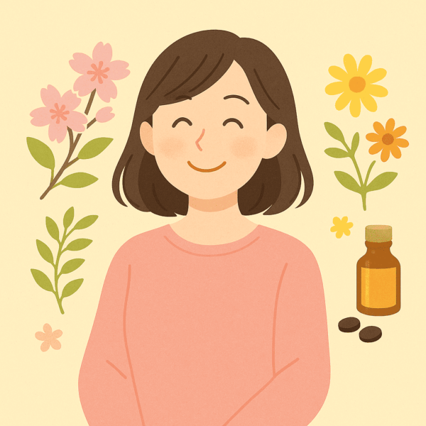卵巣嚢腫や子宮内膜症・子宮腺筋症など婦人科トラブルの体質改善を漢方で整えるイメージイラスト。女性が春の花々に囲まれて微笑み、健康とバランスを取り戻す姿を明るく描いた構図。体をゆるやかに整える漢方ケアの温かい印象を表現。