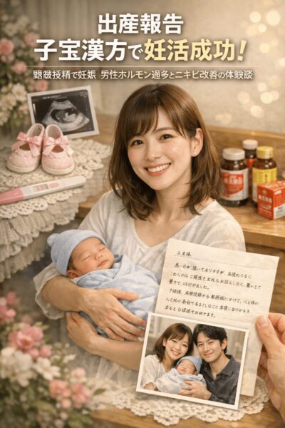 PCOS・男性ホルモン過多によるニキビ体質を漢方で整え顕微授精で妊娠・出産された女性と赤ちゃんのイメージ｜子宝漢方体験談