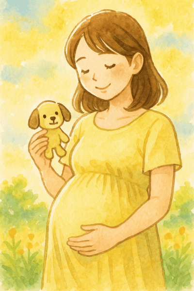 子宮内膜症とチョコレート嚢胞(2センチ)を抱えながら漢方で体質を整え、自然妊娠9カ月を迎えた若い妊婦さんが、安産祈願の犬のマスコットを手に静かに微笑み、お腹を優しくさすっている水彩画風のイラスト。夏の光に包まれ、希望と感謝、生命力を感じる温かな表現。土屋薬局の子宝漢方相談による体質改善の成功例を象徴。