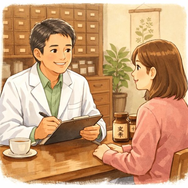 漢方薬局でPCOSや妊活について相談する女性と薬剤師のカウンセリング風景イラスト。体質改善や妊娠に向けたサポートのイメージ。