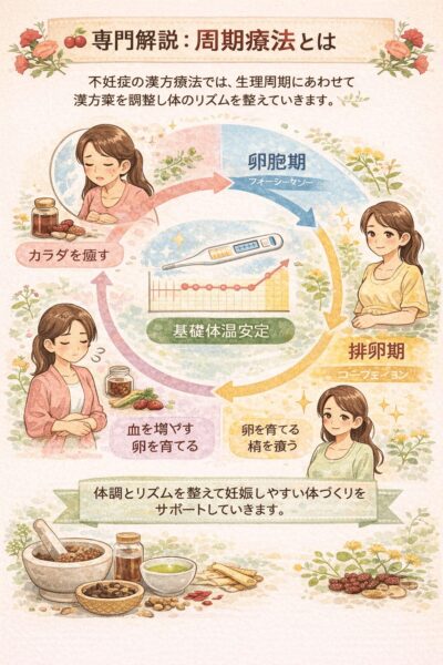 生理周期に合わせた漢方周期療法と基礎体温安定のイメージ図