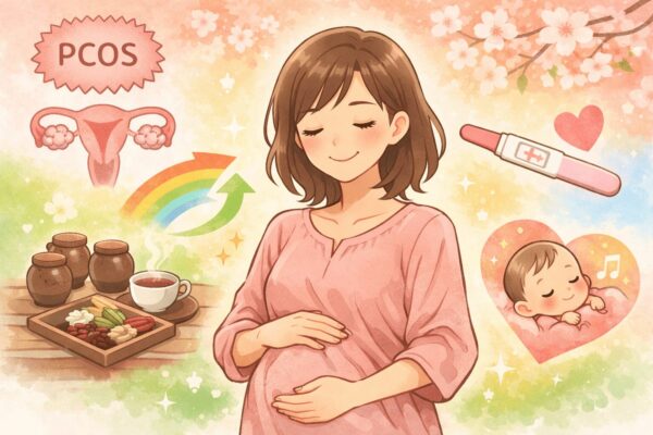 多嚢胞性卵巣症候群（PCOS）による排卵障害に悩む女性が、漢方による体質改善に取り組み自然妊娠につながる希望をイメージしたイラストです。PCOS妊活・生理不順・排卵障害の体づくりをテーマにしています。