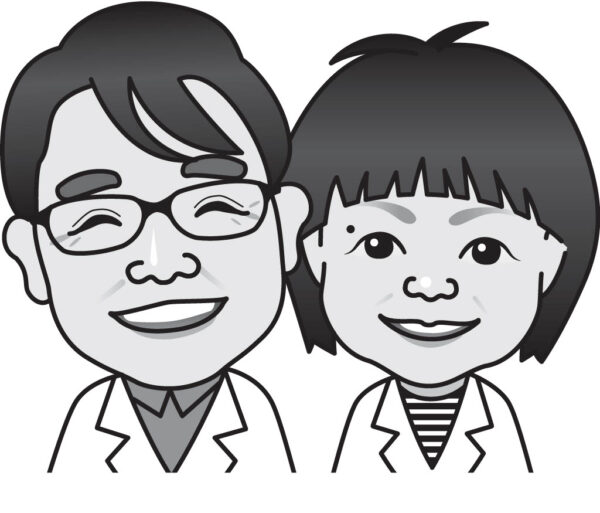 土屋薬局の薬剤師夫婦のイラスト。夫の土屋幸太郎(薬剤師・認定不妊カウンセラー)と妻の土屋幸(薬剤師・薬膳アドバイザー)が、漢方相談を通じて健康づくりを支える様子を描いています。