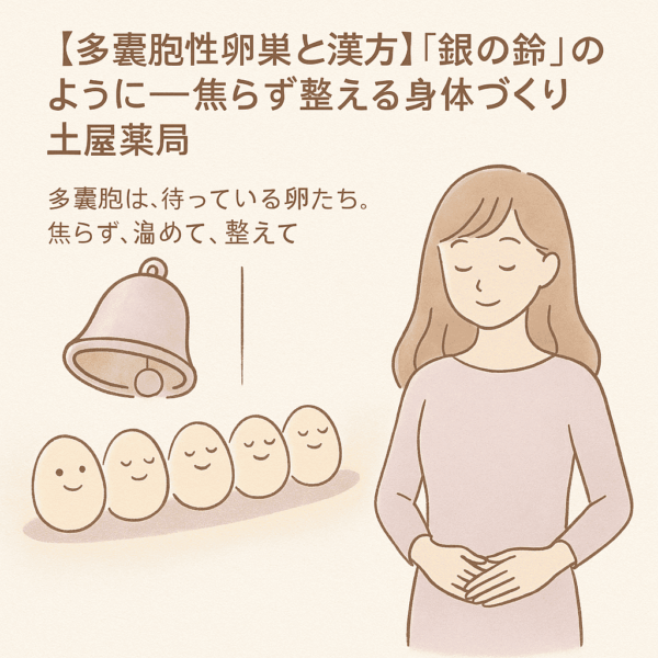 東京駅の銀の鈴の前で、優しくほほえむ若い女性のイラスト。周囲にはかわいらしい3つの卵が並び、温かく静かな雰囲気の中で希望を感じさせる。多嚢胞性卵巣症候群(PCOS)の漢方による体質改善を象徴し、“焦らず、温めて、整える”というメッセージを表現している。