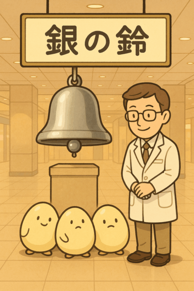 銀の鈴の前で卵たちが静かに待っているイラスト。隣には白衣を着た薬剤師・土屋幸太郎が穏やかに立つ姿が描かれ、やさしく見守るような温かい雰囲気が伝わる。多嚢胞性卵巣と漢方による体質改善を象徴している。