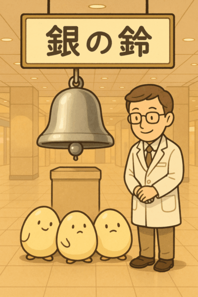 銀の鈴の隣で、白衣を着た男性薬剤師の土屋幸太郎が、優しく微笑みながら卵たちを見守っているイラスト。かわいらしい卵が3つ並び、穏やかで温かい雰囲気の中に「希望」と「安心」を感じる構図。多嚢胞性卵巣の体質改善を漢方で支える土屋薬局のやさしさを表現している。