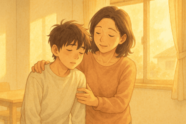 朝、立ち上がるのがつらい中学生の息子に、お母さんが寄り添って肩に手を添えて支えている様子。温かい日差しが差し込み、起立性調節障害に悩む子どもを励まし見守るイメージ。