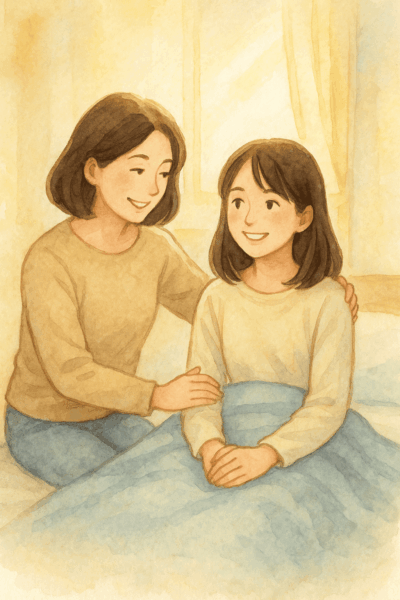 起立性調節障害から少しずつ回復し、朝に笑顔を取り戻しつつある高校生の娘と、その変化をそばで優しく支えるお母さんの姿を描いた水彩風イラスト。家族の支援によって良くなる未来への希望を表現している。