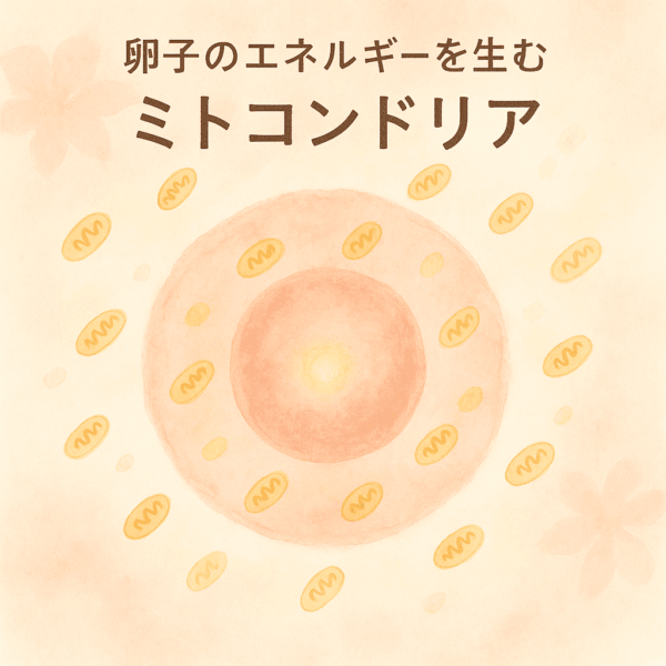 卵子の質とミトコンドリアの関係を表す水彩画風イラスト。ピンクと金色の光に包まれた卵子がエネルギーを生み出す様子を描き、妊活や高齢妊活、漢方での体づくりの重要性を伝える。